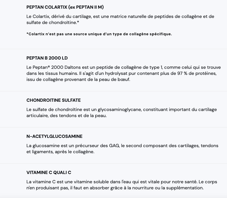 Collagènes (I, II et III) + Chondroïtine+ N-acetylglucosamine + Vitamine C